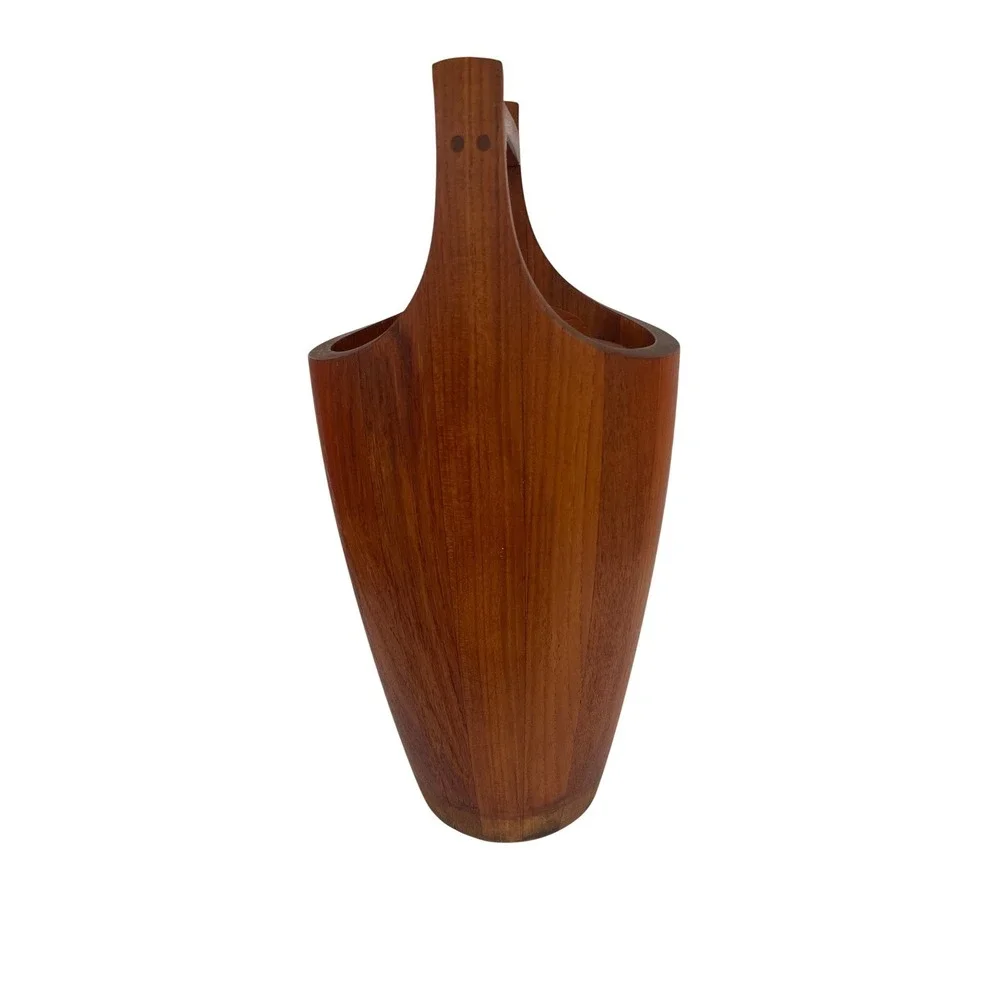 Vintage MCM Teak Wood Ice Bucket with Orange Liner Mid Century Modern Barware